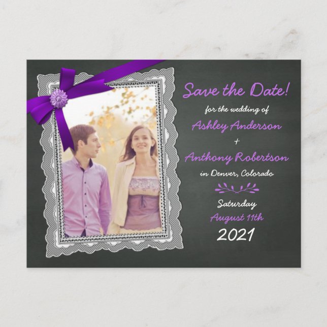 Chalkboard Purple Bow Photo Wedding Save the Date Announcement Postcard (Front)