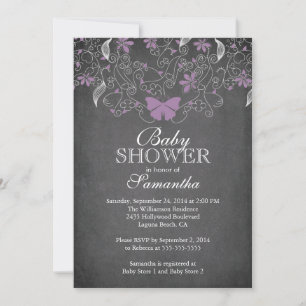 Chalkboard  Purple Butterfly Girl Baby Shower Invitation