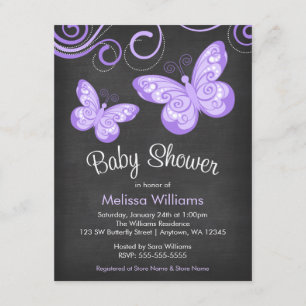 Chalkboard Purple Butterfly Swirls Baby Shower Invitation