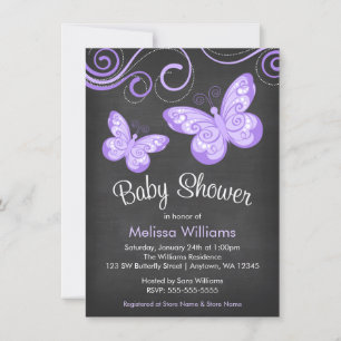 Chalkboard Purple Butterfly Swirls Baby Shower Invitation