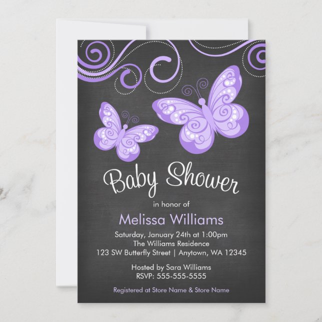 Chalkboard Purple Butterfly Swirls Baby Shower Invitation (Front)
