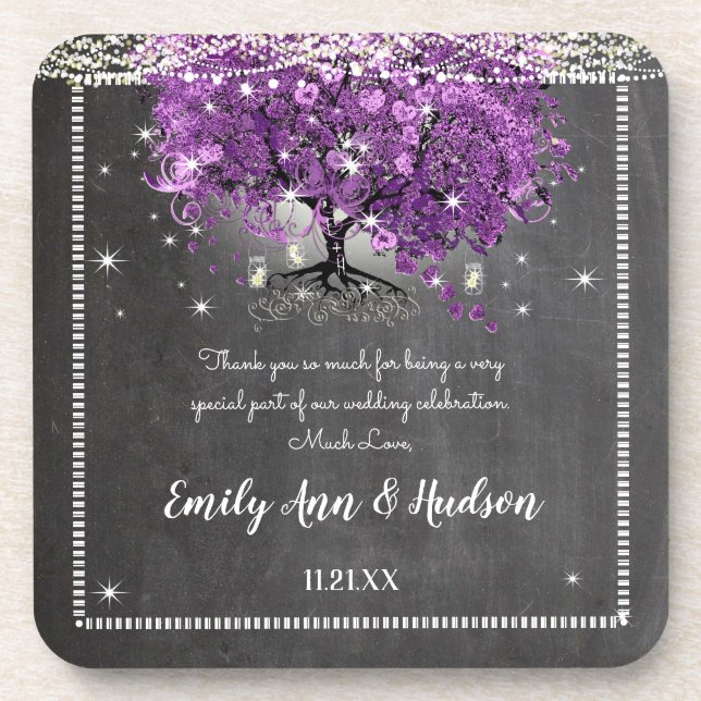 Chalkboard Purple Heart Leaf Tree Wedding Coaster (Front)