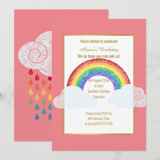 CHALKBOARD RAINBOW CLOUD PINK BIRTHDAY INVITATION (Front/Back)