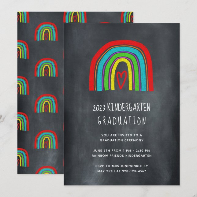 Chalkboard Rainbow Kindergarten Graduation  Invitation (Front/Back)
