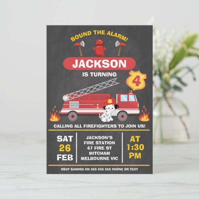 Chalkboard Red Firefighter Fire Engine Birthday Invitation (Standing Front)