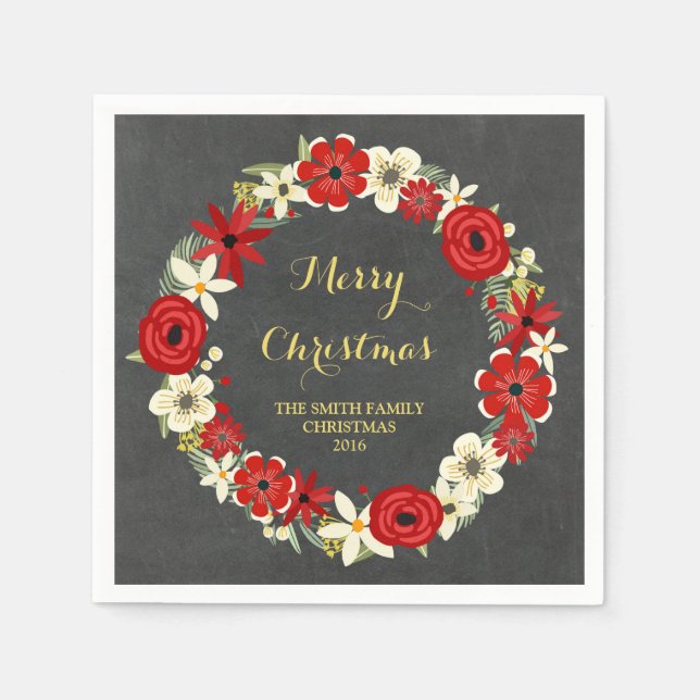 Chalkboard Red Floral Wreath Christmas Napkin (Front)