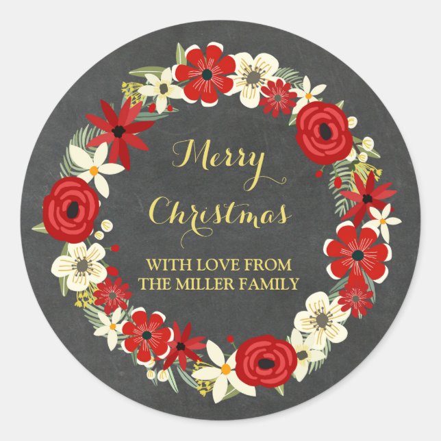 Chalkboard Red Floral Wreath Gold Christmas Classic Round Sticker (Front)
