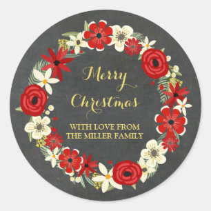 Chalkboard Red Floral Wreath Gold Christmas Classic Round Sticker