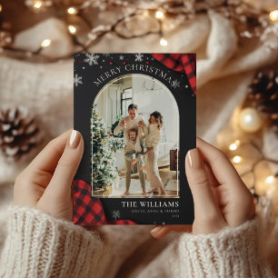 Chalkboard Red Gingham Plaid Photo Christmas Holiday Card