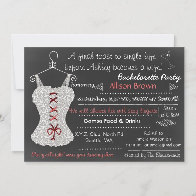 Chalkboard red Lace Lingerie Shower Bachelorette Invitation (Front)