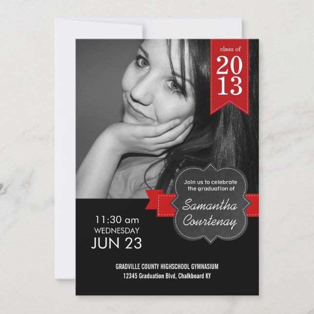 Chalkboard Red Ribbon Class of 2013 Big Photo Grad Invitation (Front)