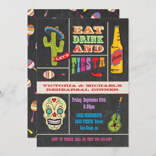 Chalkboard Rehearsal Dinner Mexican Fiesta Invitation (Front/Back)
