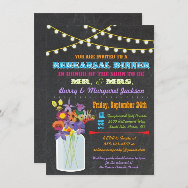 Chalkboard Rehearsal Dinner with mason jar flowers Invitation (Front/Back)