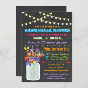Chalkboard Rehearsal Dinner with mason jar flowers Invitation