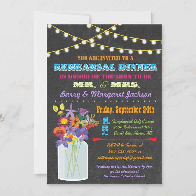Chalkboard Rehearsal Dinner with mason jar flowers Invitation (Front)