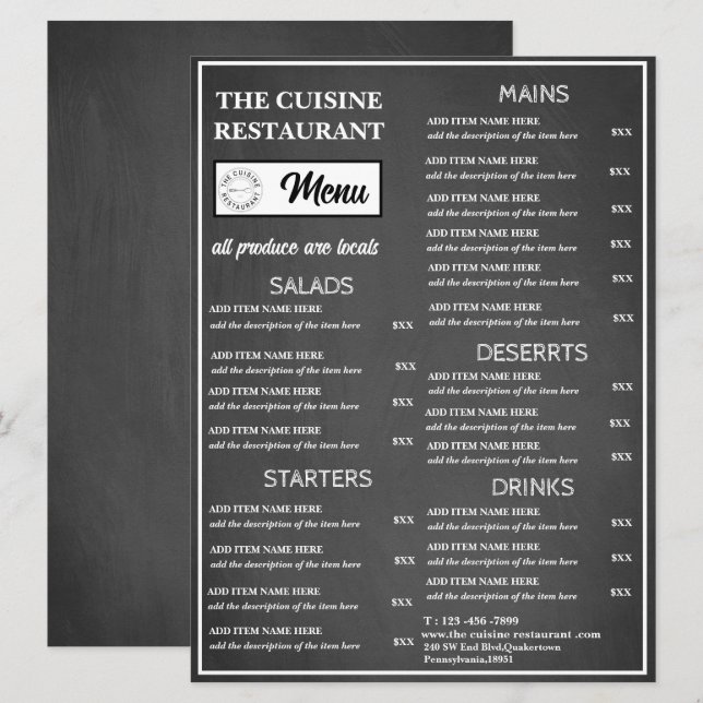 Chalkboard Restaurant Logo Menu (Front/Back)