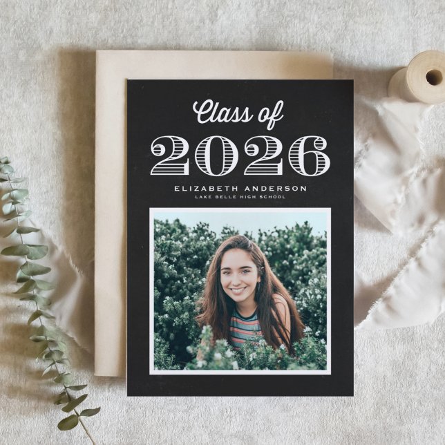 Chalkboard Retro Class of 2024 Photo Graduation Invitation (Customizable faux chalkboard photo graduation invitation featuring vintage calligraphy. )