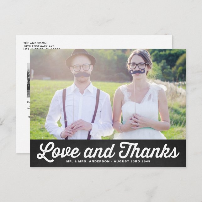 Chalkboard Retro Script Photo Wedding Thank You Postcard (Front/Back)