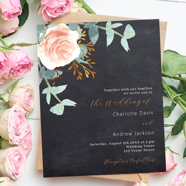 Chalkboard rose floral budget wedding invitation (Creator Uploaded)