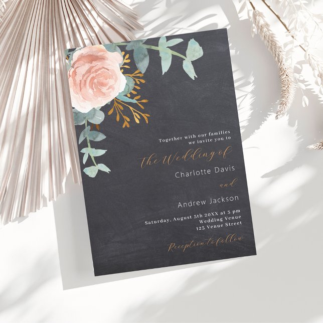 Chalkboard rose gold floral greenery grey wedding invitation (Creator Uploaded)