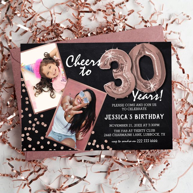 Chalkboard RoseGold Balloons 2 Photo 30th Birthday Invitation (Creator Uploaded)