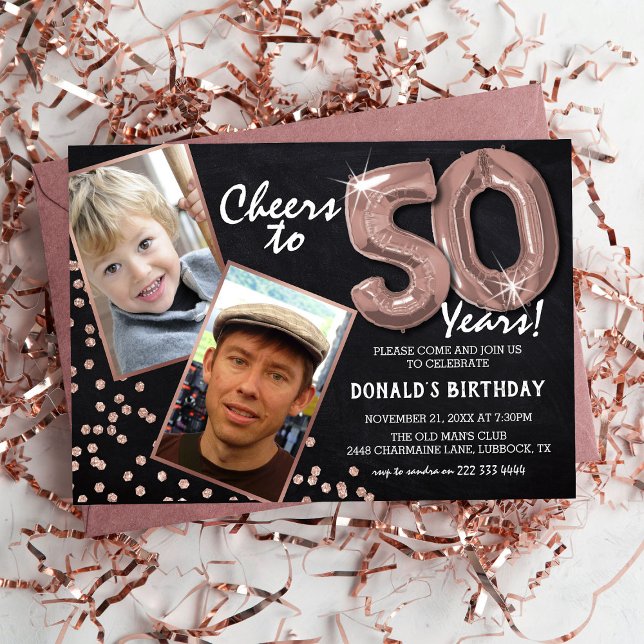 Chalkboard RoseGold Balloons 2 Photo 50th Birthday Invitation (Creator Uploaded)