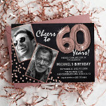 Chalkboard RoseGold Balloons 2 Photo 60th Birthday Invitation<br><div class="desc">Celebrate the milestone of stepping into the magnificant 60s with these unique 'Chalkboard Rose Gold Balloons 60th Birthday Invitations'. Enriched with a rustic chalkboard background and shimmering faux rose gold glitter flecks, these invites exude vintage charm and modern elegance. Upload a then-and-now photo of the birthday star and customise the...</div>