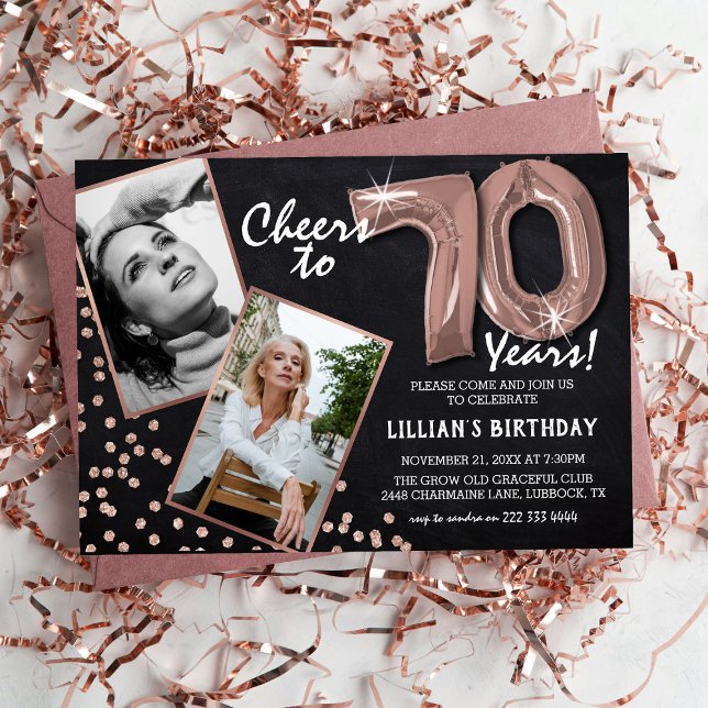 Chalkboard RoseGold Balloons 2 Photo 70th Birthday Invitation (Creator Uploaded)