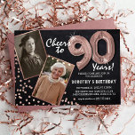 Chalkboard RoseGold Balloons 2 Photo 90th Birthday Invitation<br><div class="desc">Celebrating the BIG 90! These invites allow you to upload a before and after photograph of the birthday man or woman in a rose gold frame, with the title 'Cheers to 90 Years!'. Featuring a rustic chalkboard background, rose gold number helium balloons, faux rose gold glitter flecks and a simple...</div>