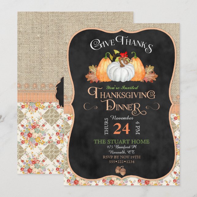 Chalkboard Rustic Country Thanksgiving Burlap Lace Invitation (Front/Back)