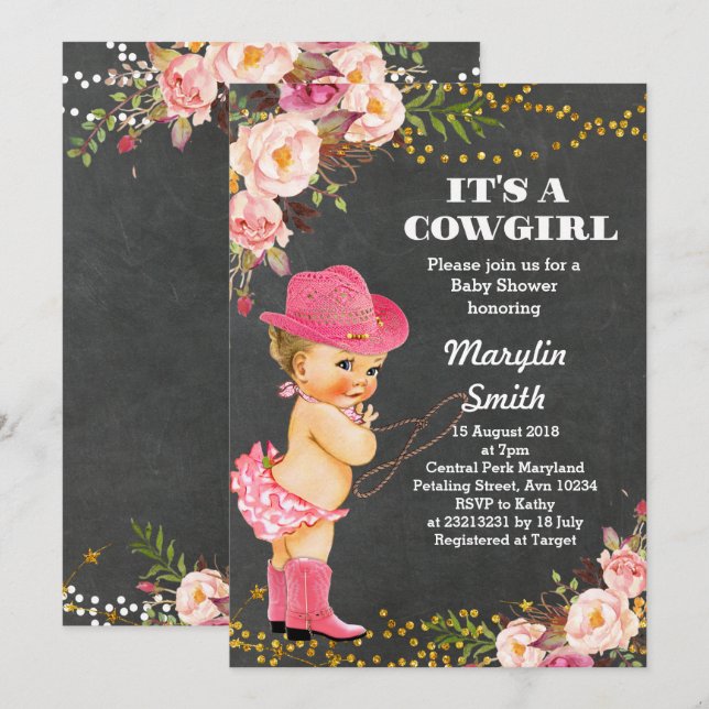 Chalkboard Rustic Cowgirl Baby Shower Card (Front/Back)