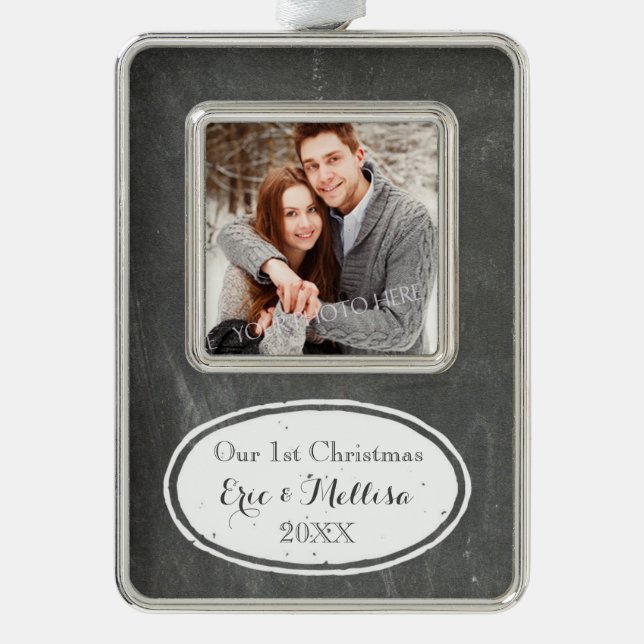 Chalkboard Rustic First Christmas Couple Ornament (Front)