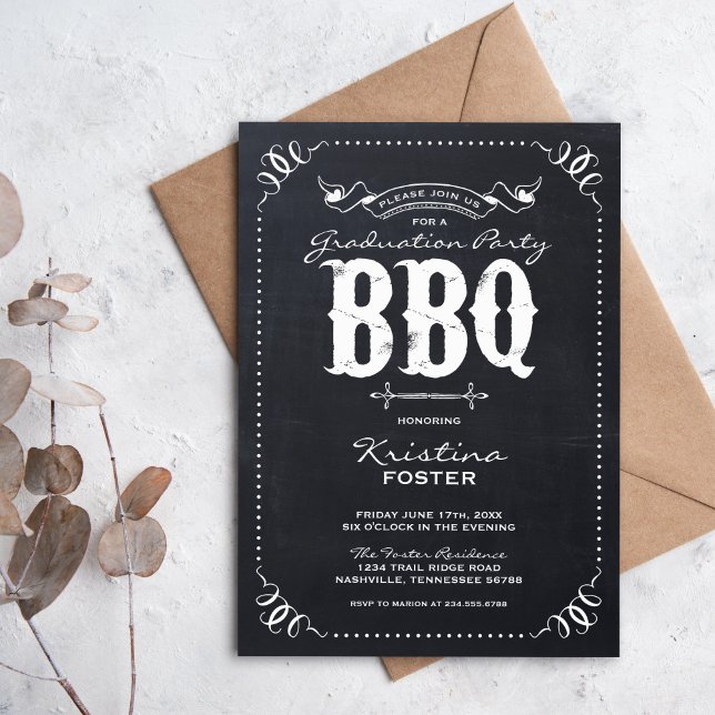 Chalkboard Rustic Vintage Graduation Party BBQ Invitation (Creator Uploaded)