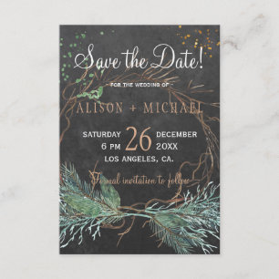 Chalkboard rustic winter wreath save date wedding save the date