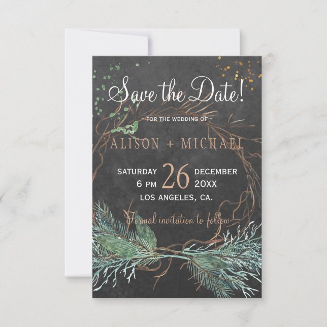 Chalkboard rustic winter wreath save date wedding save the date (Front)