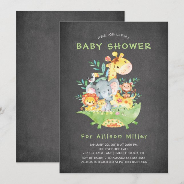 Chalkboard Safari Animals Baby Shower Invitations (Front/Back)