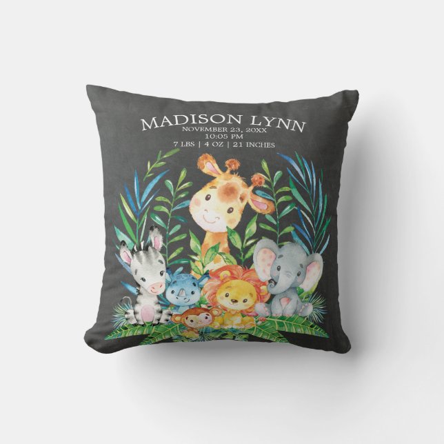 Chalkboard Safari Girl Boy Birth Stats Pillow (Front)