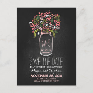 Chalkboard save the date - Floral Mason Jar Announcement Postcard