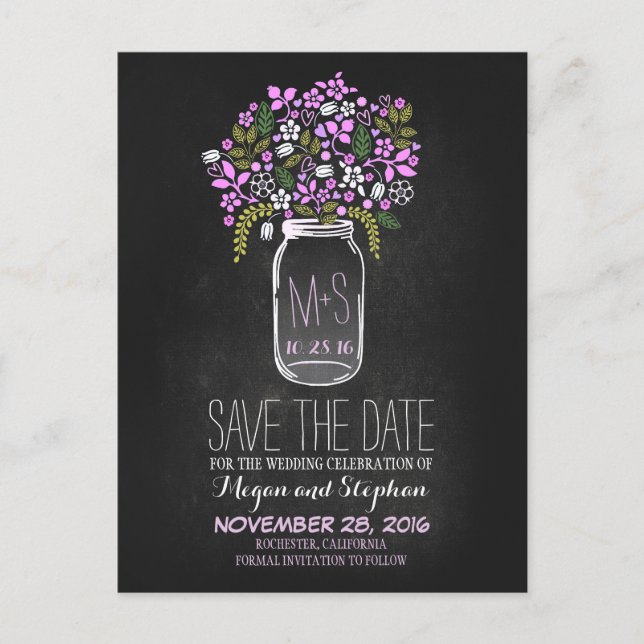 Chalkboard save the date - Floral Mason Jar Announcement Postcard (Front)