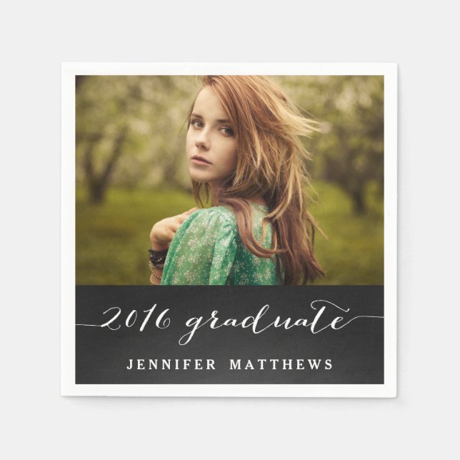 Chalkboard Script 2016 Photo Graduation Party Napkin (Front)