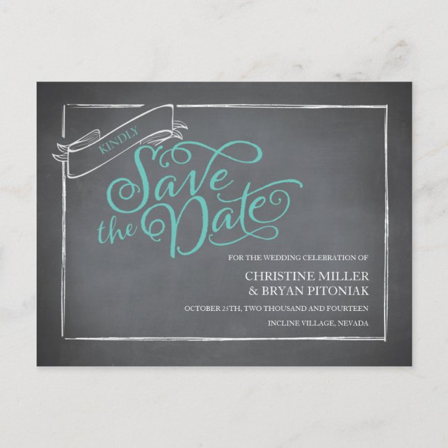 Chalkboard Script Blue Save the Date Announcement Postcard (Front)