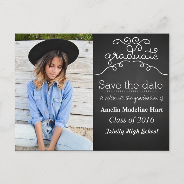 Chalkboard Script Graduate | Save The Date Photo Postcard (Front)