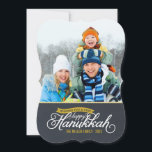Chalkboard Script Hanukkah Photo Card<br><div class="desc">Simple chic modern Hanukkah holiday photo card elegant calligraphy script typography on a faux chalkboard texture background. Personalise the design with your custom family photo and name. Click the "Customise It" button to add more text and photos on the back and create your own unique one of a kind design!...</div>