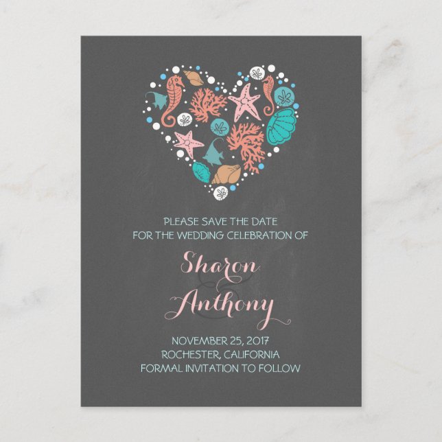 chalkboard sea heart beach wedding save the date announcement postcard (Front)