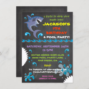 Chalkboard Shark Pool Birthday Party Invitations