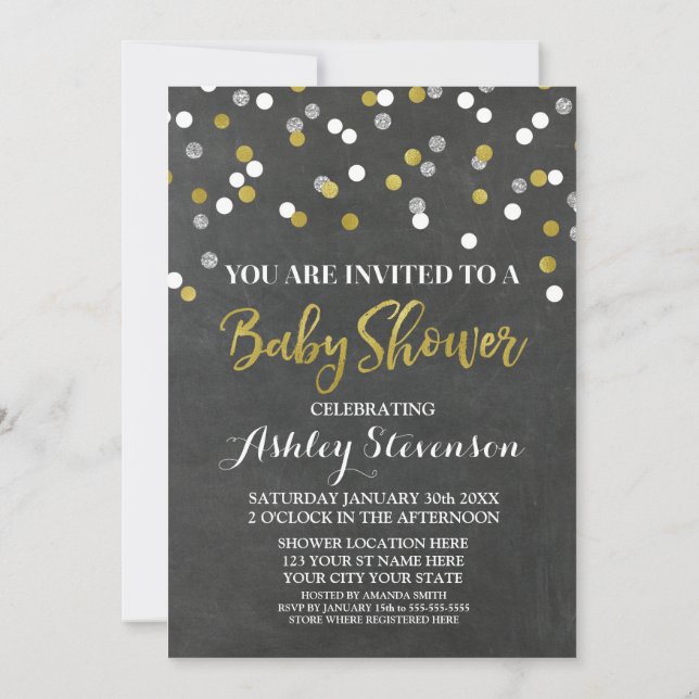 Chalkboard Silver Baby Shower Invitation Confetti (Back)