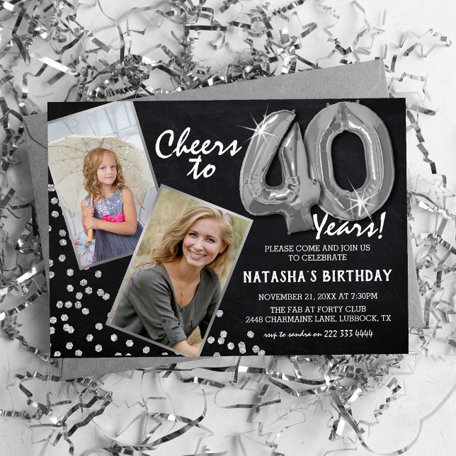Chalkboard Silver Balloons 2 Photo 40th Birthday  Invitation (Creator Uploaded)