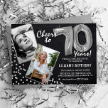 Chalkboard Silver Balloons 2 Photo 70th Birthday Invitation<br><div class="desc">Celebrate the milestone of stepping into the magnificent 70s with these unique 'Chalkboard Silver Balloons 70th Birthday Invitations'. Enriched with a rustic chalkboard background and shimmering faux silver glitter flecks, these invites exude vintage charm and modern elegance. Upload a then-and-now photo of the birthday star and customise the easy-to-use template...</div>