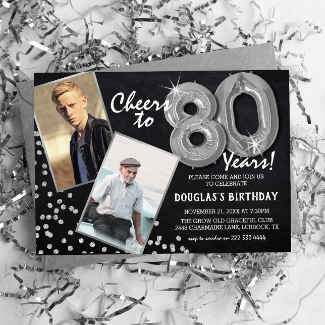 Chalkboard Silver Balloons 2 Photo 80th Birthday Invitation (Creator Uploaded)