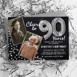 Chalkboard Silver Balloons 2 Photo 90th Birthday Invitation<br><div class="desc">Celebrate the milestone of stepping into the magnificant 90s with these unique 'Chalkboard Silver Balloons 90th Birthday Invitations'. Enriched with a rustic chalkboard background and shimmering faux silver glitter flecks, these invites exude vintage charm and modern elegance. Upload a then-and-now photo of the birthday star and customise the easy-to-use template...</div>